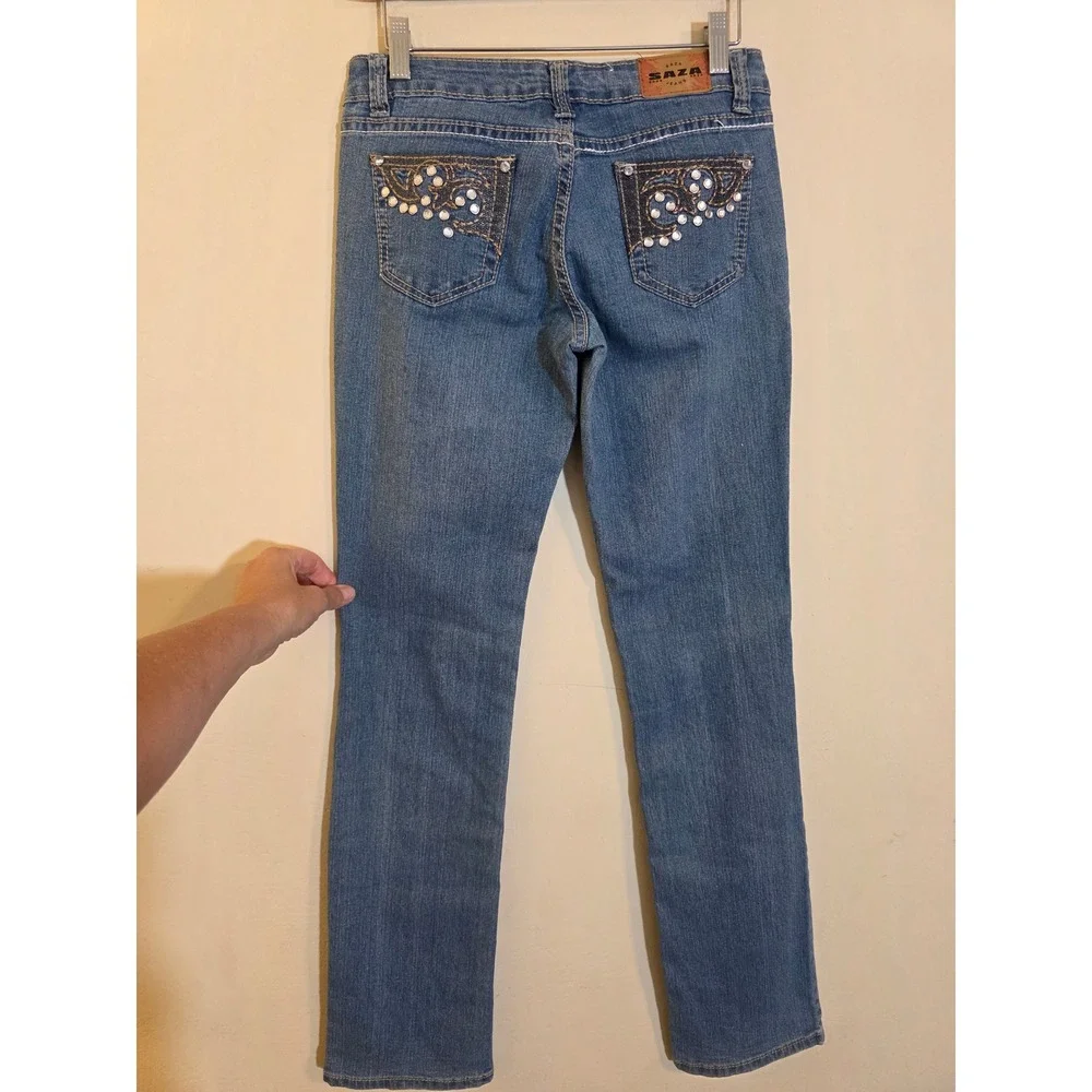 SAZA Jeans Company Medium Wash Rhinestone Pocket Straight Leg Denim Size 3 Y2K